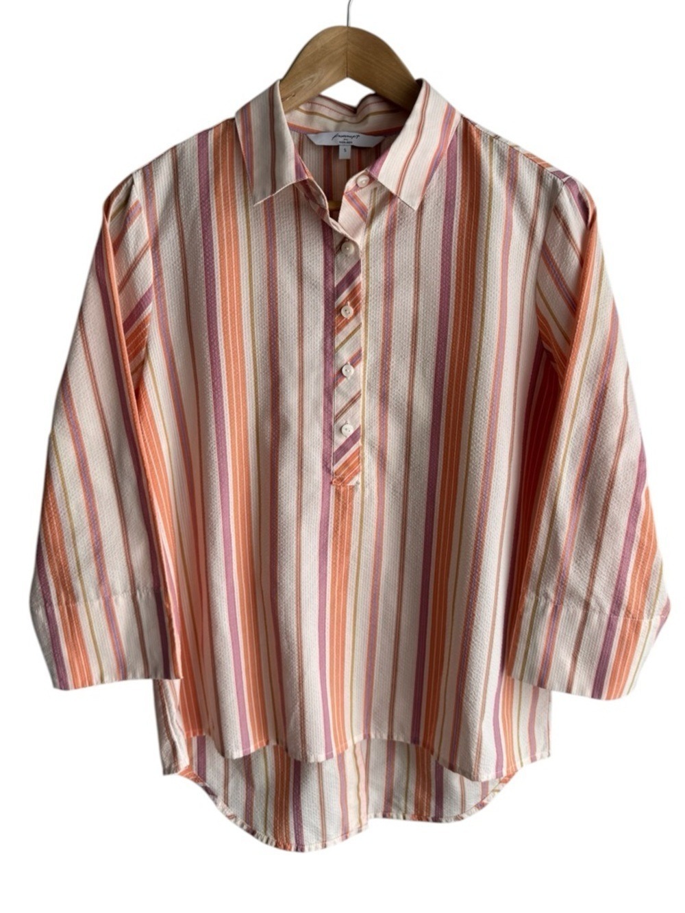 Foxcroft Non-Iron Striped Blouse Sz 8 Pink Classy Capsule Shirt Summer Top